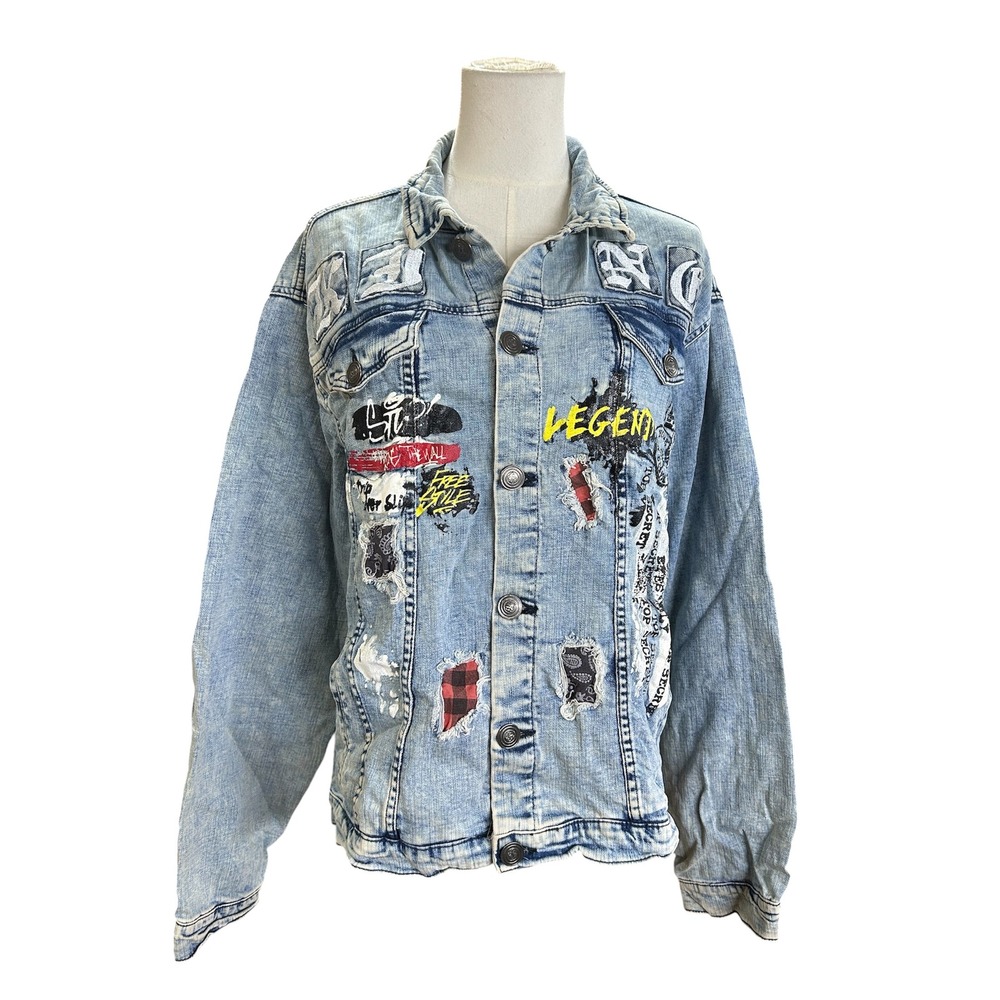 Sacred Crown Womens Denim Jacket XL Light Blue Distressed Graphic King Legend